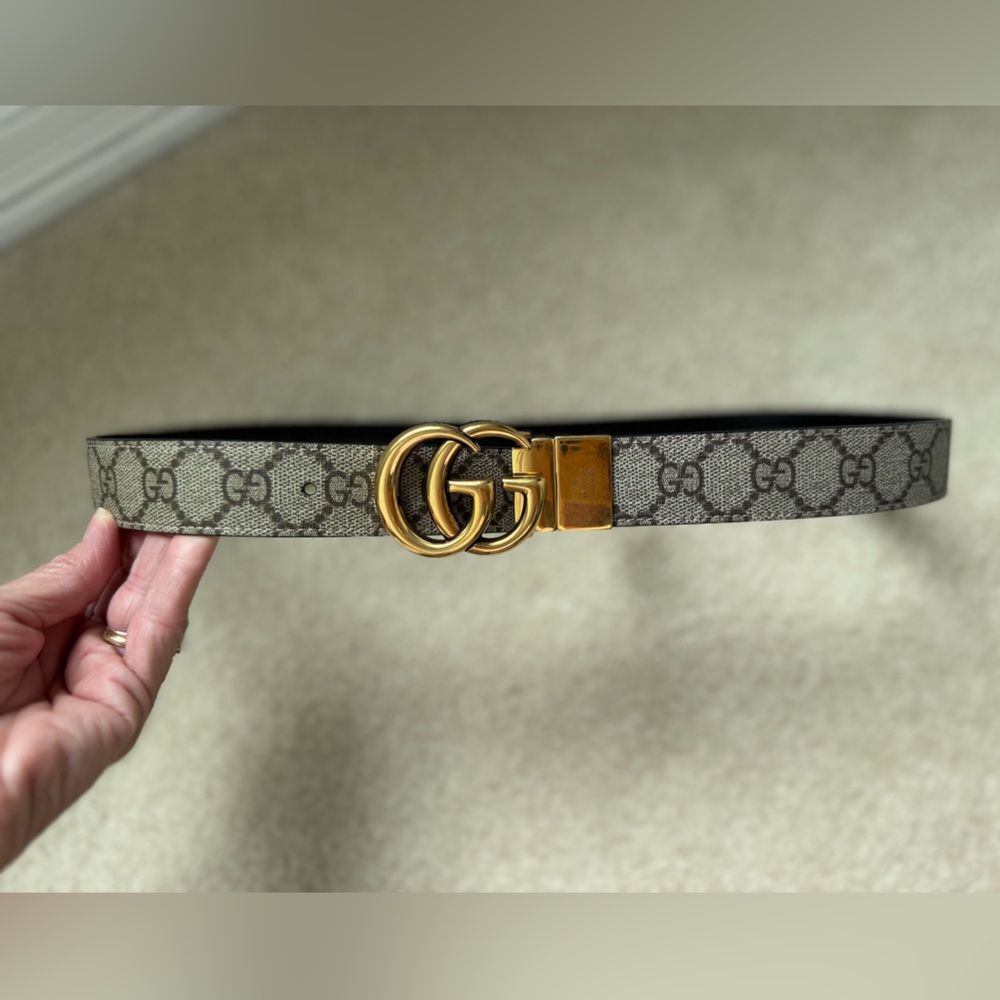 Gucci Beige Monogram Belt with Gold Hardware, Reversible-Black